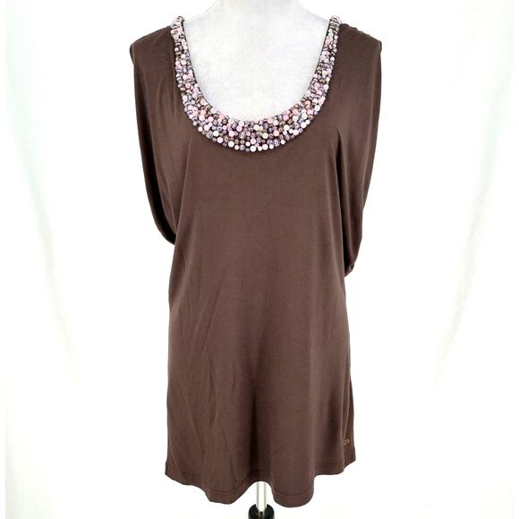 Escada Sport Top Womens Large Brown Blouse Pink Beads Neckline Stretch Knit - Picture 1 of 14